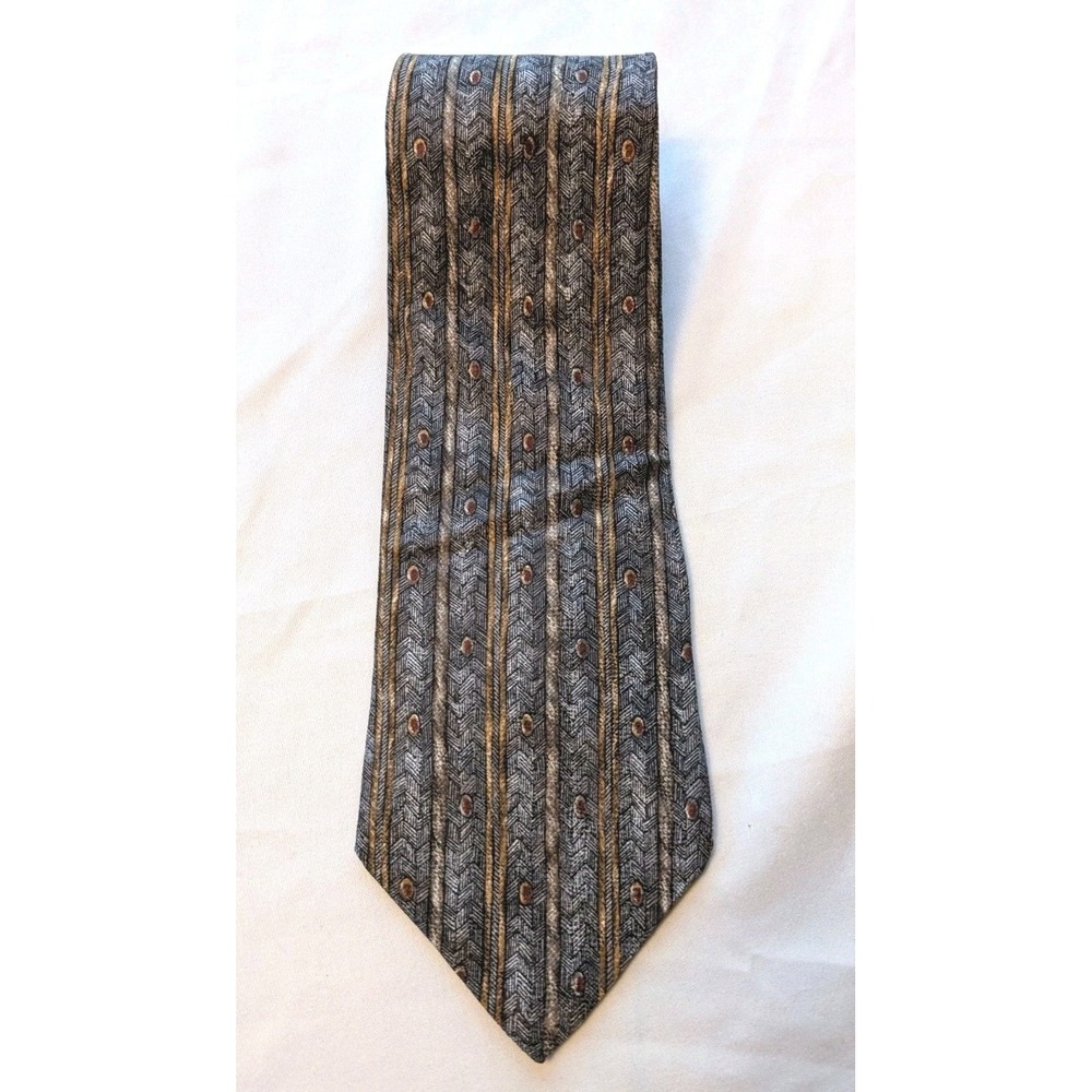 Gianfranco Ruffini Italy 100% Silk‎ Tie Gray Gold Geometric Herringbone...
